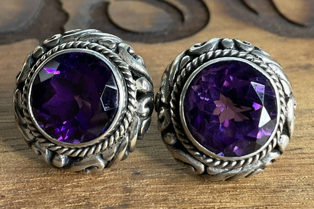 Vintage Sterling Silver Amethyst Purple Bali Stud Earrings